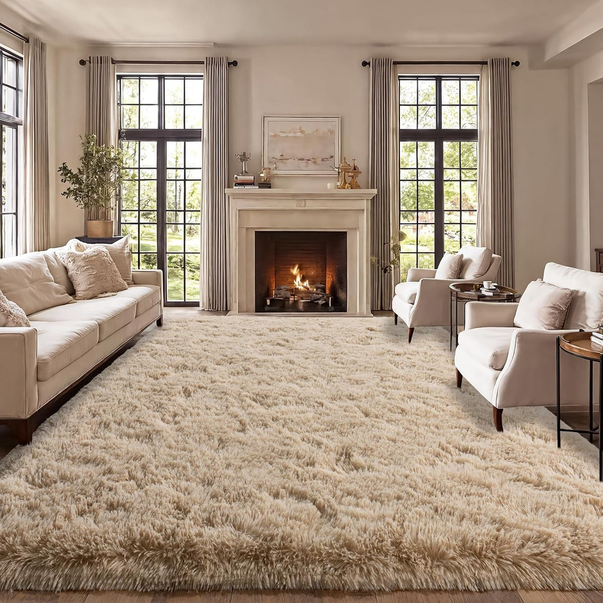 qulint Large Area Rug for Living Room 10x14, Fluffy Tan Rug for Bedroom