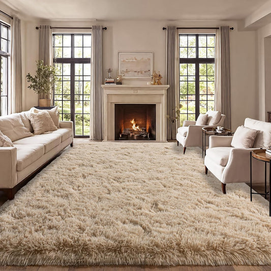 qulint Large Area Rug for Living Room 10x14, Fluffy Tan Rug for Bedroom