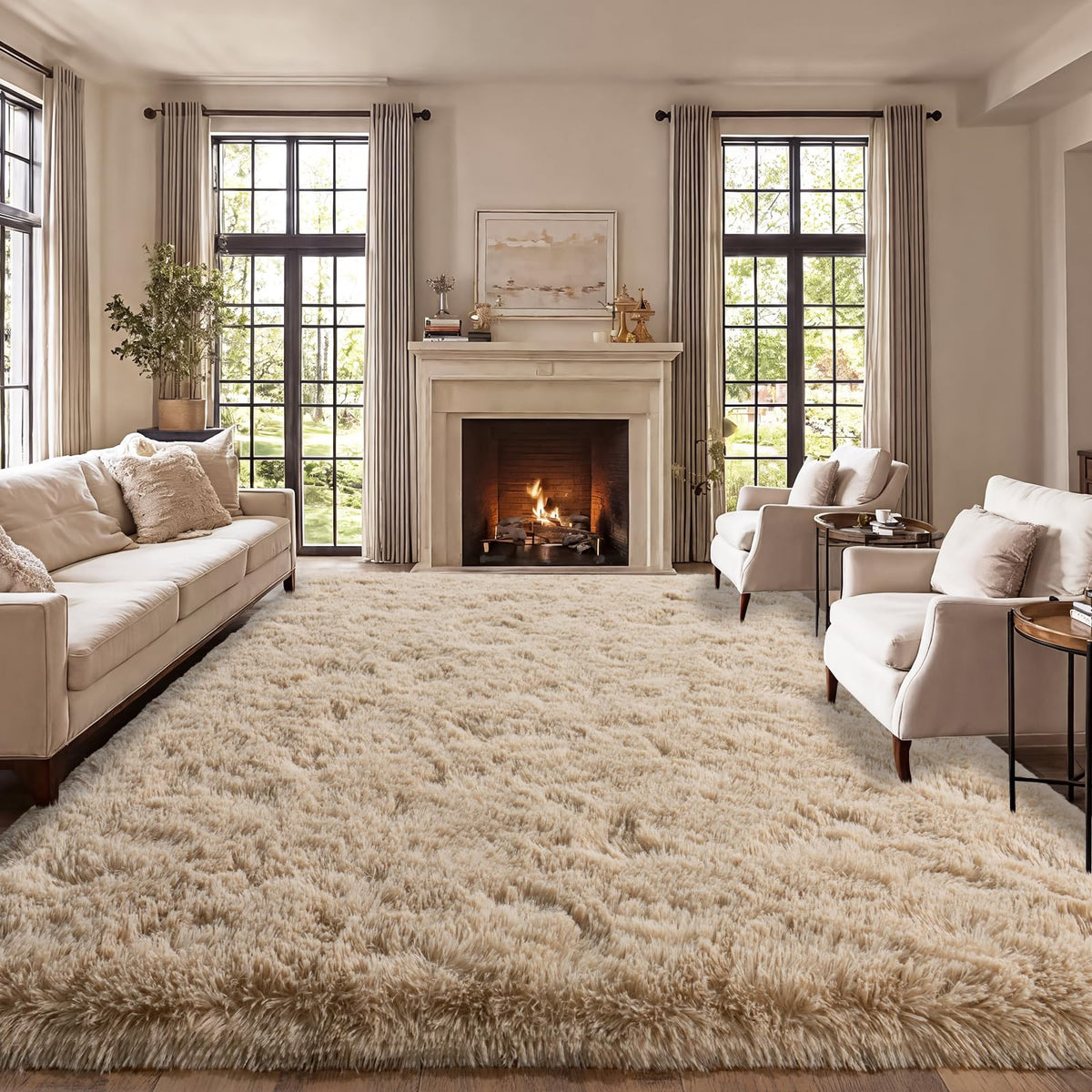 qulint Large Area Rug for Living Room 10x14, Fluffy Tan Rug for Bedroom