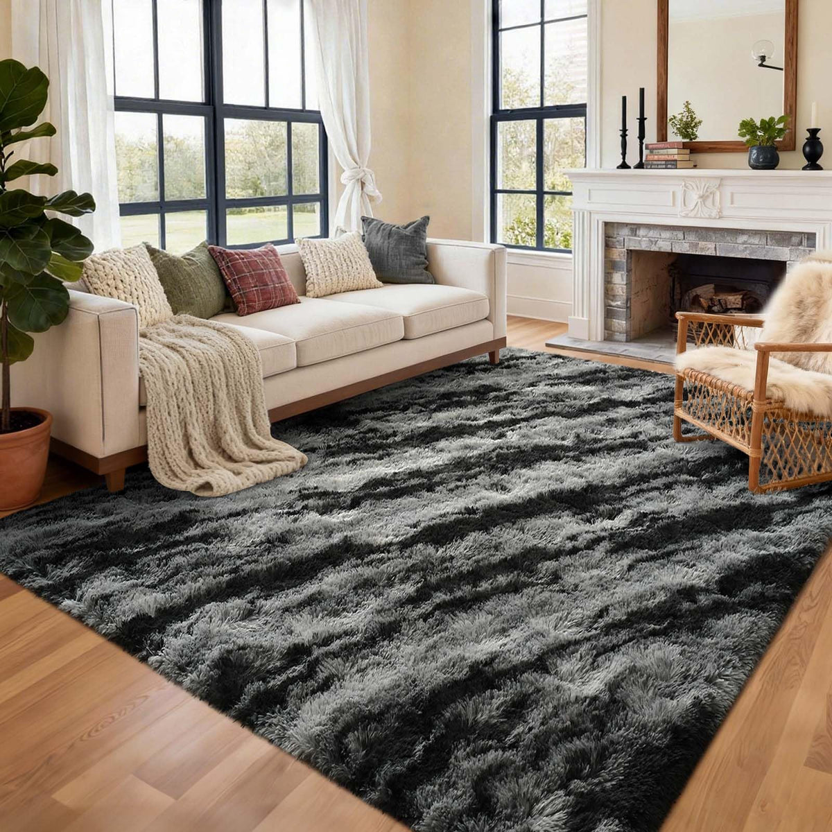 8x10 Ft Extra Large Shag Rugs for Living Room, Tie Dyed Ultra Soft Fluffy Furry Area Rugs for Bedroom Indoor Floor, Aesthetic Carpet for Kids Home Decor (Dark Grey)