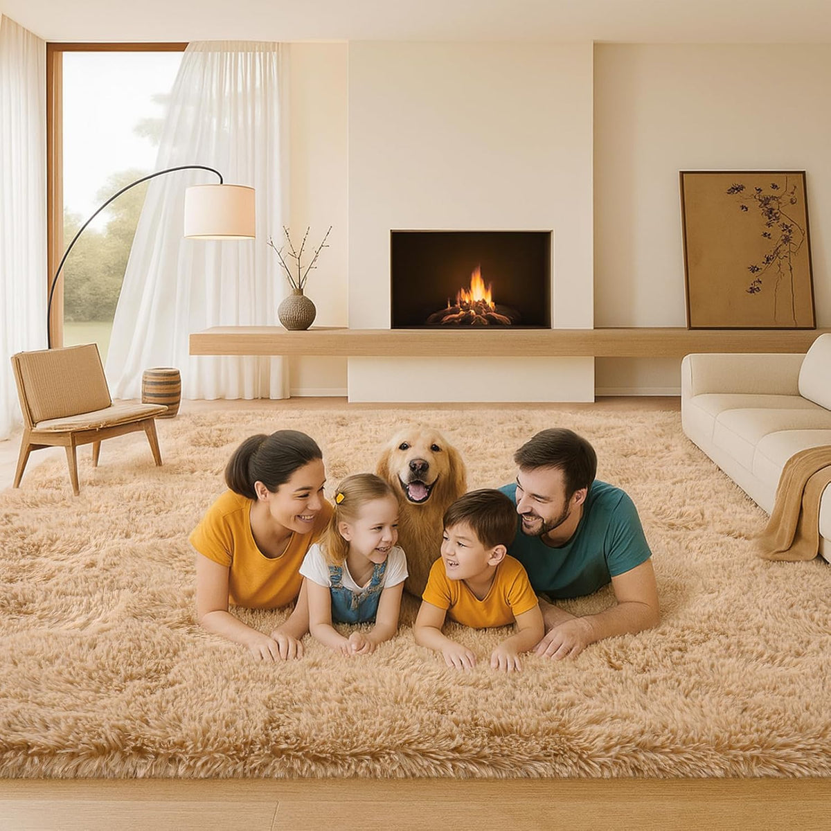 8x10 Beige Fluffy Shag Area Rug, Non-Slip Soft Carpet for Home