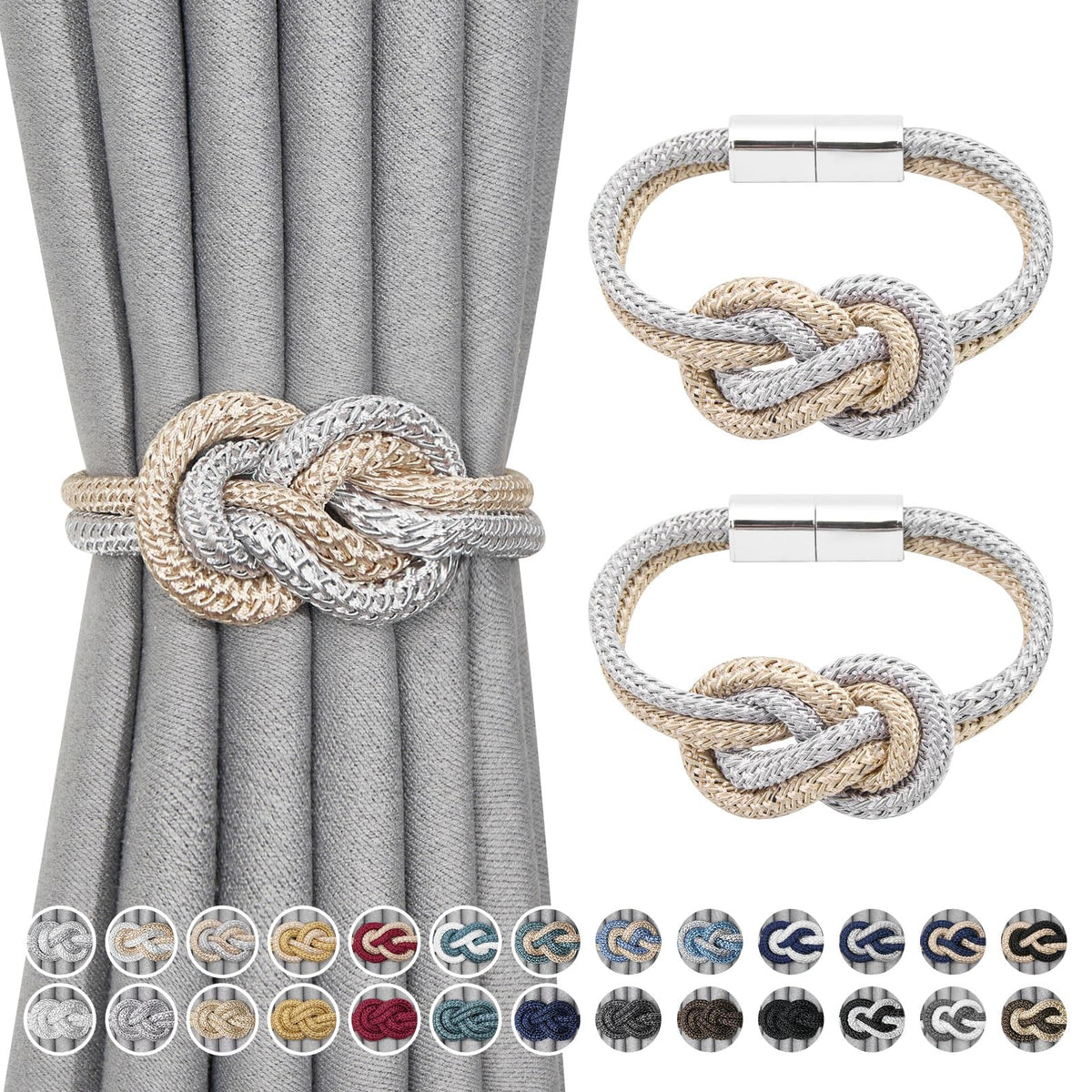 NICEEC 2 Pack Mini Magnetic Curtain Tiebacks Nordic Simple Style Drape Tie Backs Elegant Hand Weave Rope Knot Decorative Curtain Holdbacks for Home & Office Thin Window Drapery (Silver Grey)