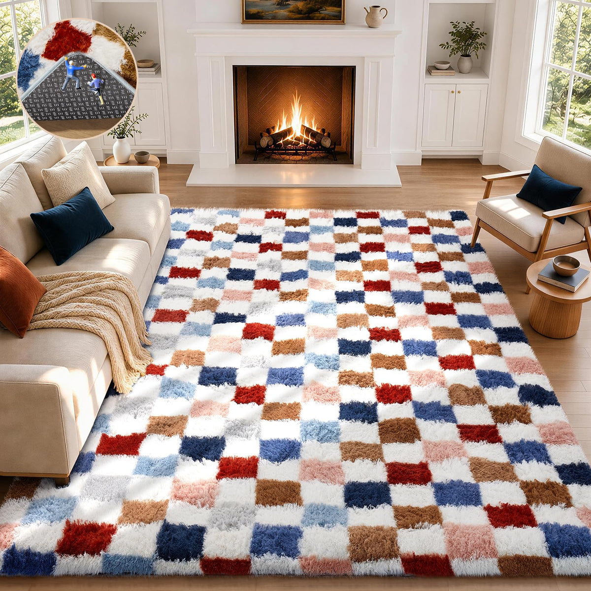 Ophanie 8x10 Area Rugs for Living Room, Washable Non-Slip Fluffy Soft Large Shag Bedroom Carpet, Ivory Big Indoor Nursery Rug, Carpets for Boy and Girls Room Dorm Decor with Over 99 pcs Pile fibers