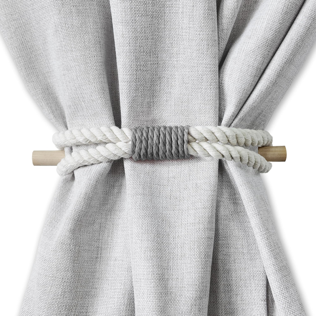 Curtain Holdbacks Boho Tiebacks for Drapes, Farmhouse Jute Rope Cotton Tie Backs with Rustic Wood Club, Curtain Accessories Holders for Indoor Outdoor Use, Set of 4