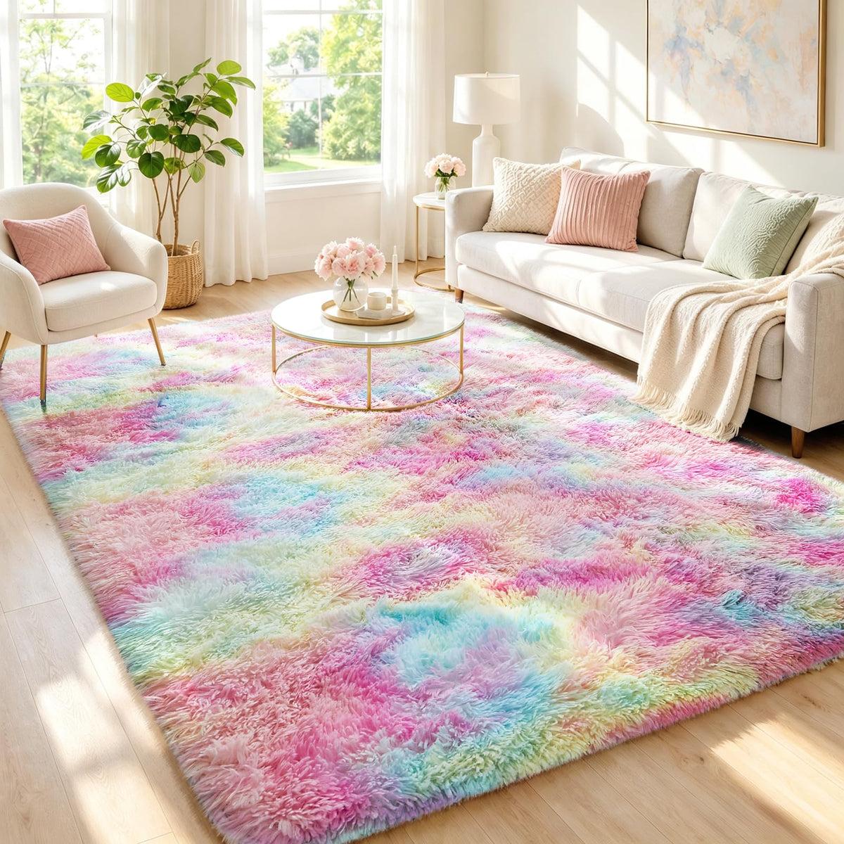 Ophanie 8x10 Area Rugs for Living Room, Washable Non-Slip Fluffy Soft Large Shag Bedroom Carpet, Ivory Big Indoor Nursery Rug, Carpets for Boy and Girls Room Dorm Decor with Over 99 pcs Pile fibers