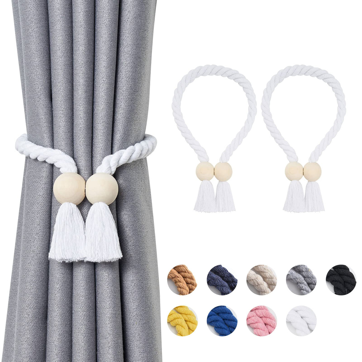NICEEC 2 Pack Wooden Ball Magnetic Curtain Tiebacks Boho Home Decor Drape Tie Backs Natural Cotton Hand Woven Rope Curtain Holdbacks for Thin & Thick Home & Office Window Draperies (Beige)