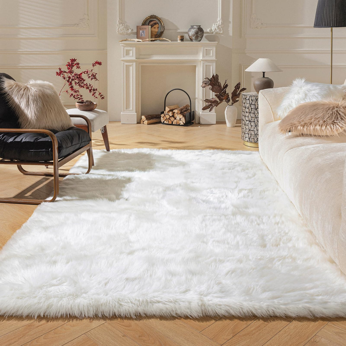 Ashler Faux Fur Rug, White, 2 x 6 Ft, Machine Washable