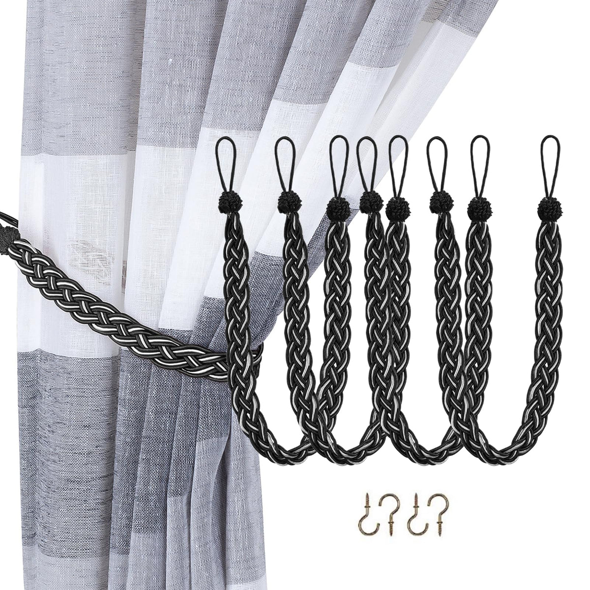 Home Queen Handwoven Rope Curtain Tiebacks for Drapes, 2 Pack Rope Holdbacks with Hooks, 23 Inch Long Polyester and Cotton Braided Tie Backs for Thick and Sheer Curtains,Navy and Silver