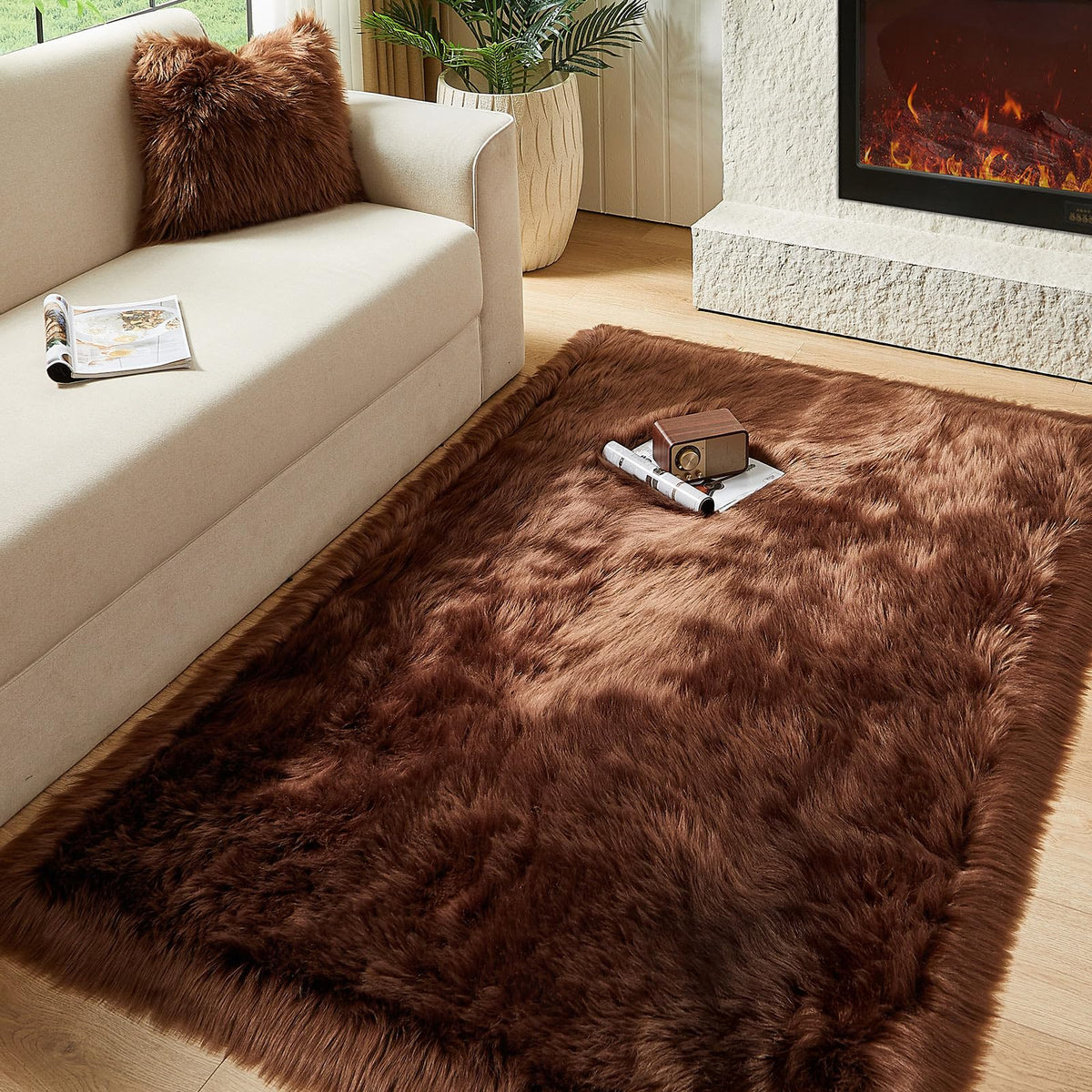 AMTOVO Faux Sheepskin Rug, Beige Ultra Soft Fluffy Shag Area Rug, 2 x 6 ft Faux Fur Rug for Bedroom Sofa Throw Cushion Room Decor, Sheepskin