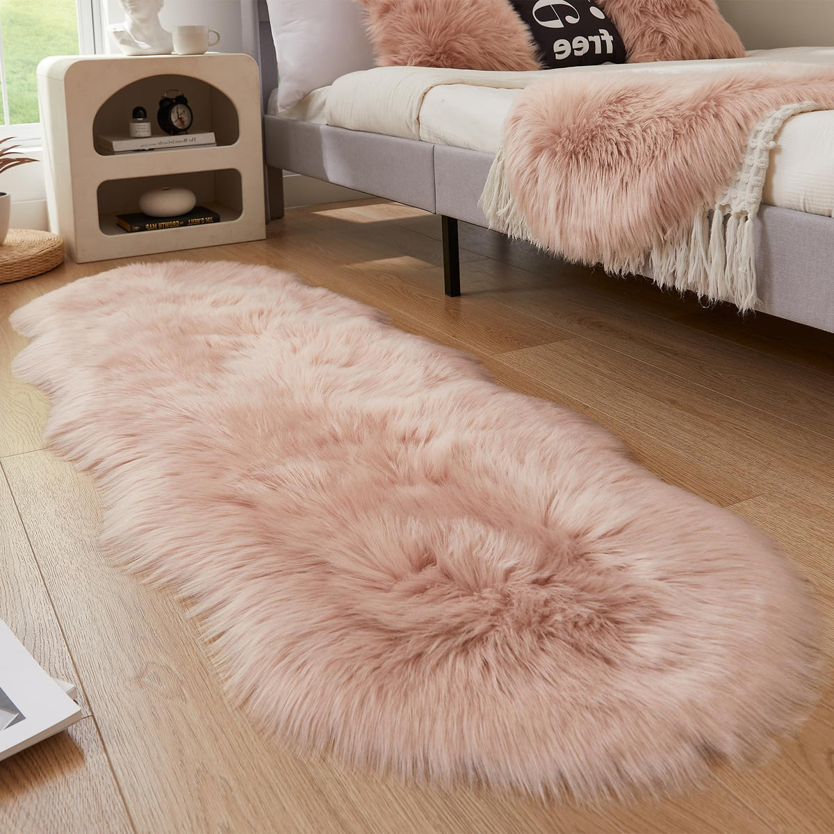 AMTOVO Faux Sheepskin Rug, Beige Ultra Soft Fluffy Shag Area Rug, 2 x 6 ft Faux Fur Rug for Bedroom Sofa Throw Cushion Room Decor, Sheepskin