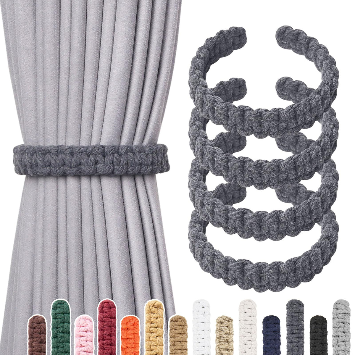 NICEEC 2 Pack Natural Cotton Rope Curtain Tiebacks Farmhouse Rustic Style Decorative Drape Tie Backs Handmade Braided Curtain Holdbacks for Home & Office Sheer/Light Weight Drapery (C-White-S)