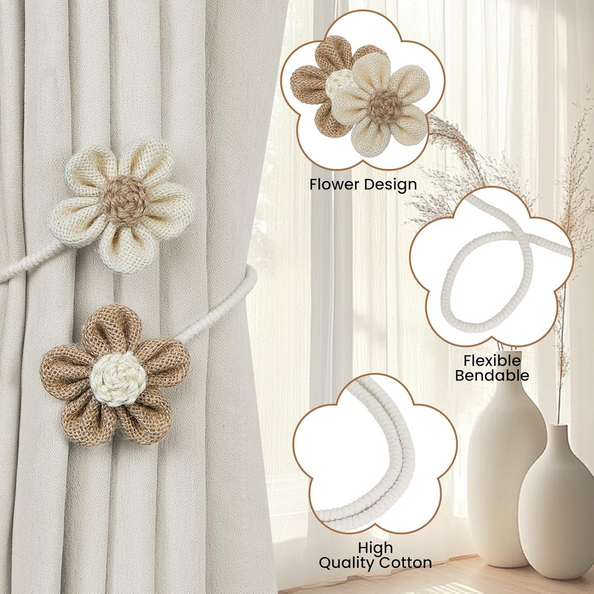 KLOGTSIND Flower Curtain Tiebacks, Decorative Curtain Holdbacks No Drill