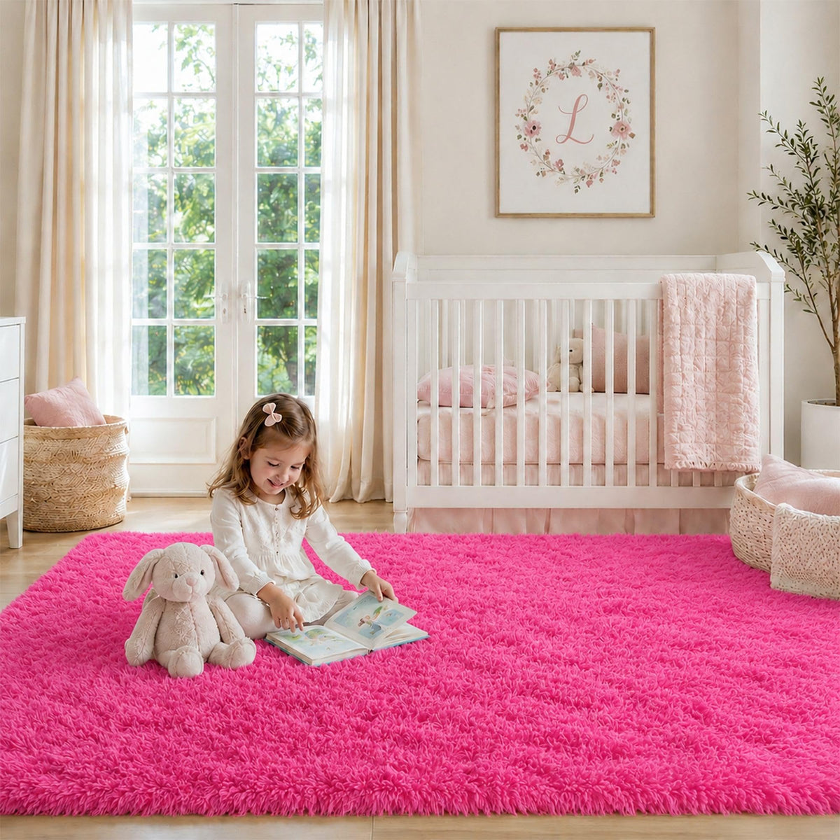 8x10 Ft Cream White Fluffy Area Rug for Living Room, Washable