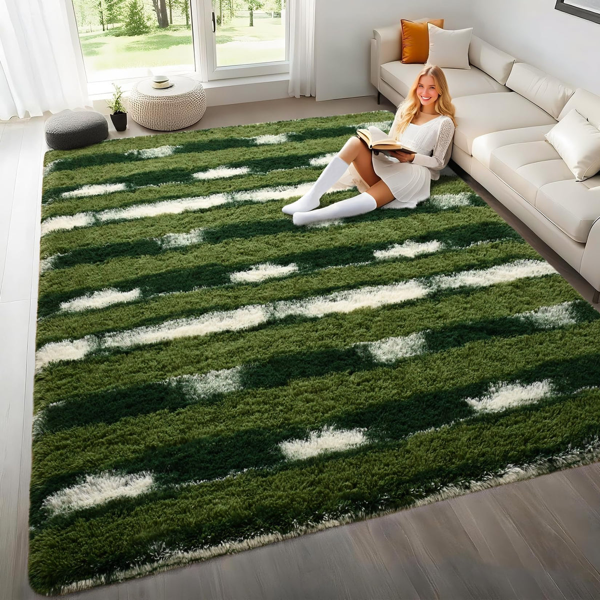 Black and White Rugs for Living Room Bedroom, 6x9 Fluffy Soft Plush Area Rugs with Non-Slip Backing, Modern Striped Shag Fuzzy Carpets for Kids Playroom Nursery Dorms Home Decor
