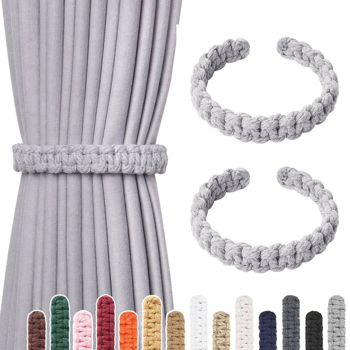 NICEEC 2 Pack Natural Cotton Rope Curtain Tiebacks Farmhouse Rustic Style Decorative Drape Tie Backs Handmade Braided Curtain Holdbacks for Home & Office Sheer/Light Weight Drapery (C-White-S)