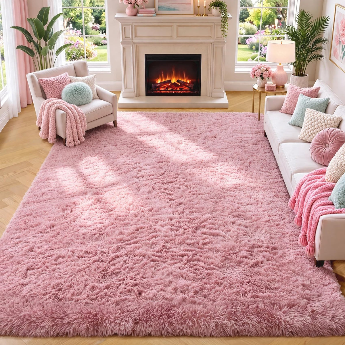 Area Rugs for Living Room Bedroom, 5x8 Fluffy Tie-Dyed Light Grey Shag Rug