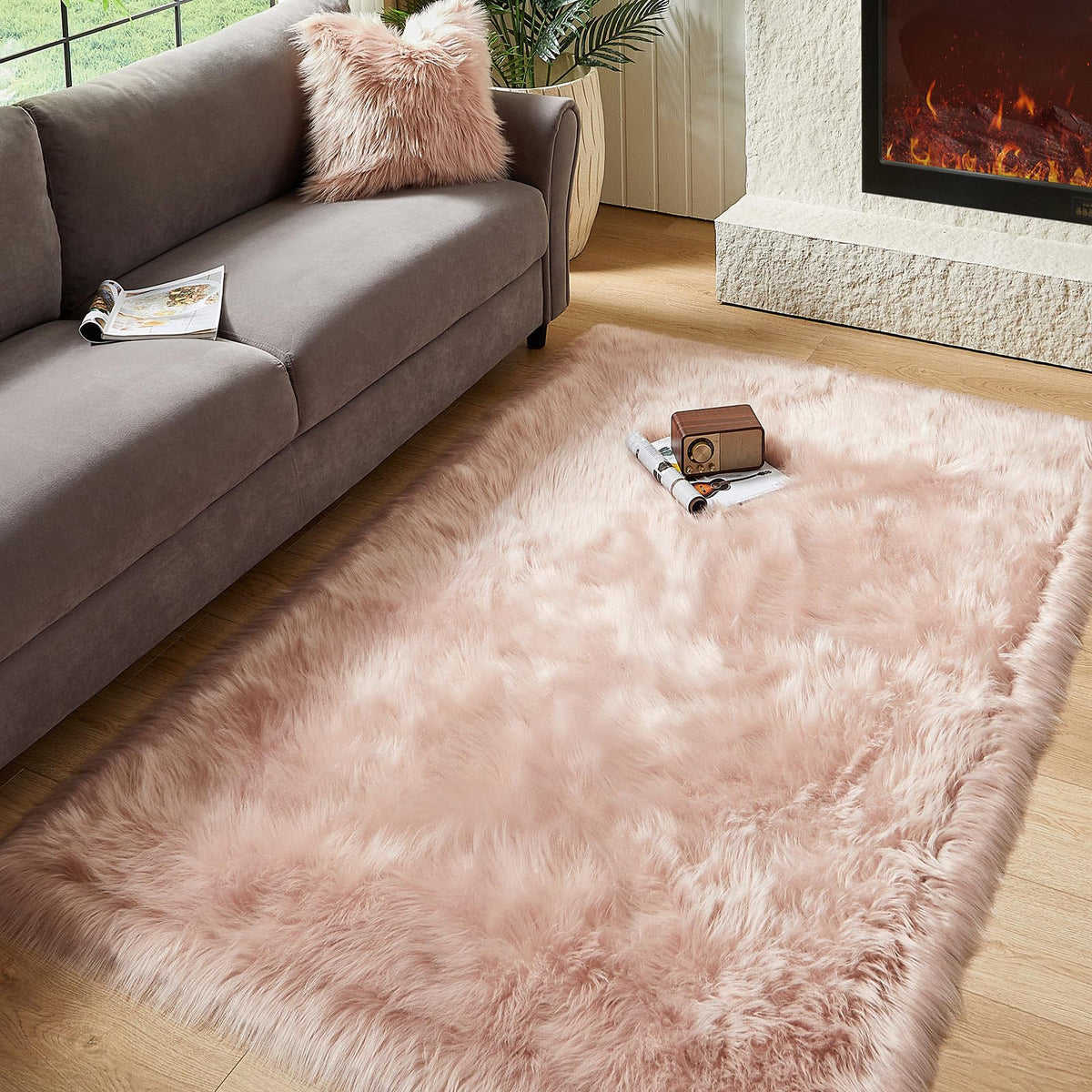 AMTOVO Faux Sheepskin Rug, Beige Ultra Soft Fluffy Shag Area Rug, 2 x 6 ft Faux Fur Rug for Bedroom Sofa Throw Cushion Room Decor, Sheepskin