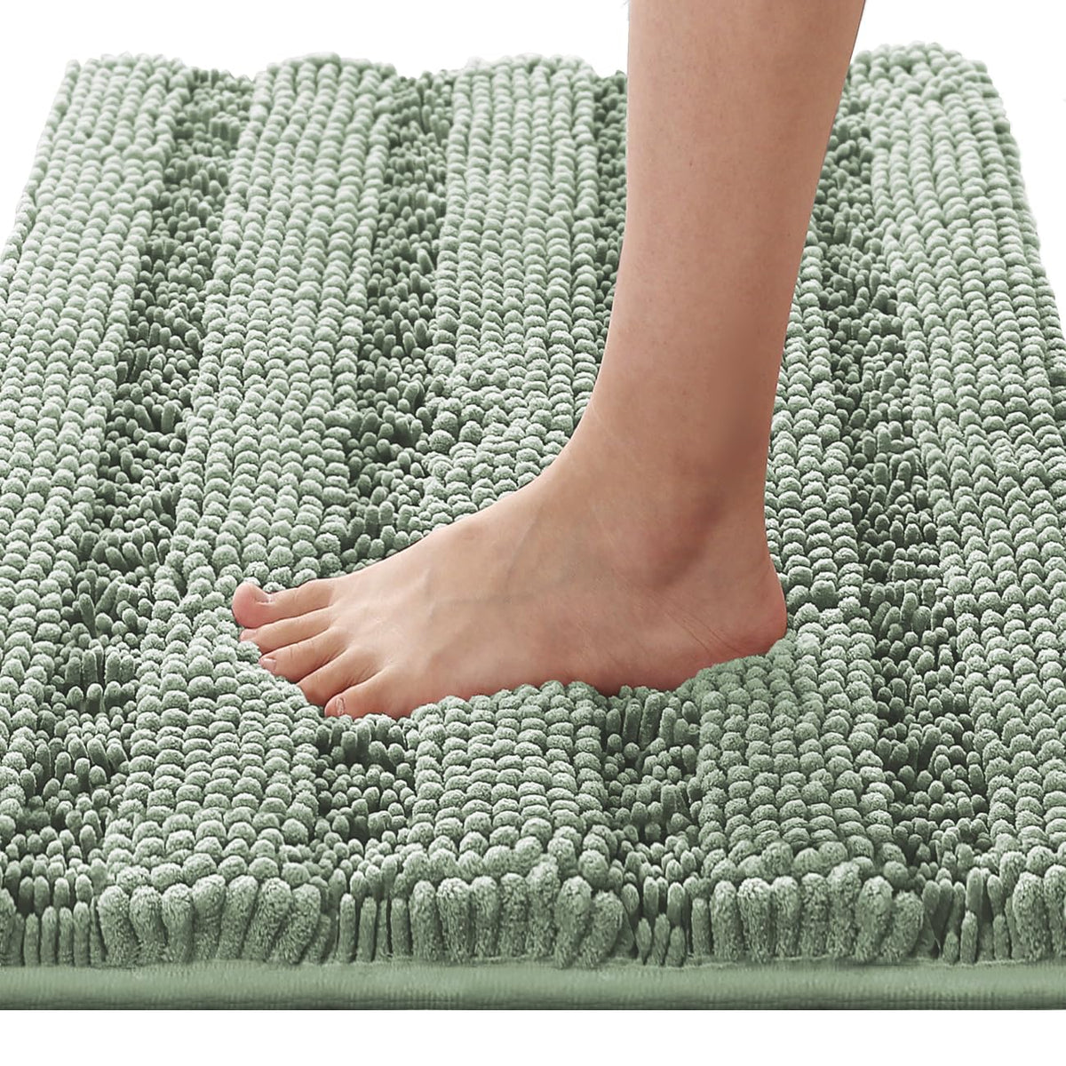H.VERSAILTEX Sage Bathroom Rugs, Bath Mat Set of 2 Extra Thick Chenille Striped Pattern Shaggy Bath Rugs for Bath Room, Non Skid Bath Mats for Bathroom Floor (32 x 20 Plus 24 x 17 - Inches)