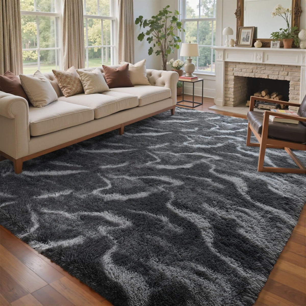8x10 Ft Extra Large Shag Rugs for Living Room, Tie Dyed Ultra Soft Fluffy Furry Area Rugs for Bedroom Indoor Floor, Aesthetic Carpet for Kids Home Decor (Dark Grey)