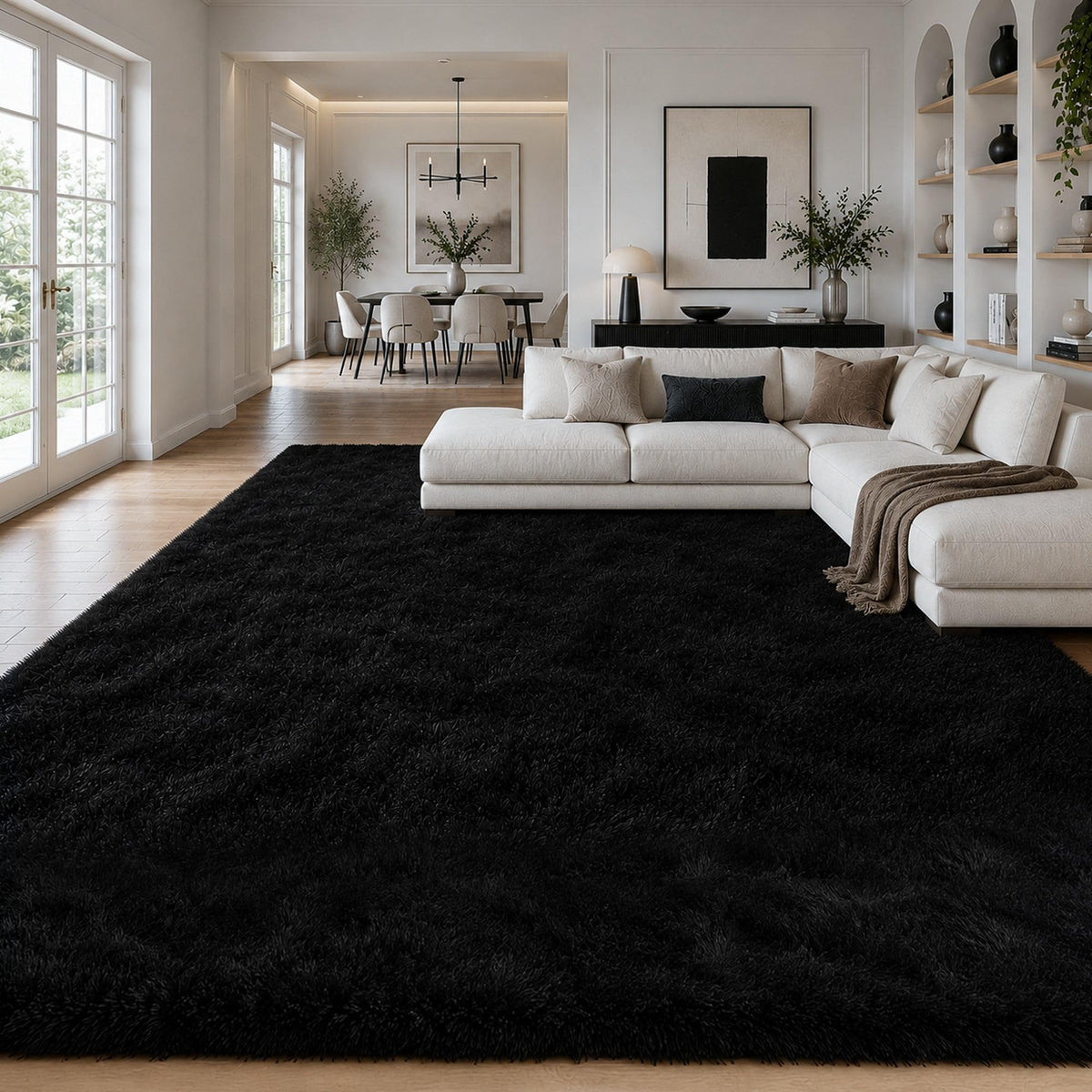 8x10 Ft Cream White Fluffy Area Rug for Living Room, Washable