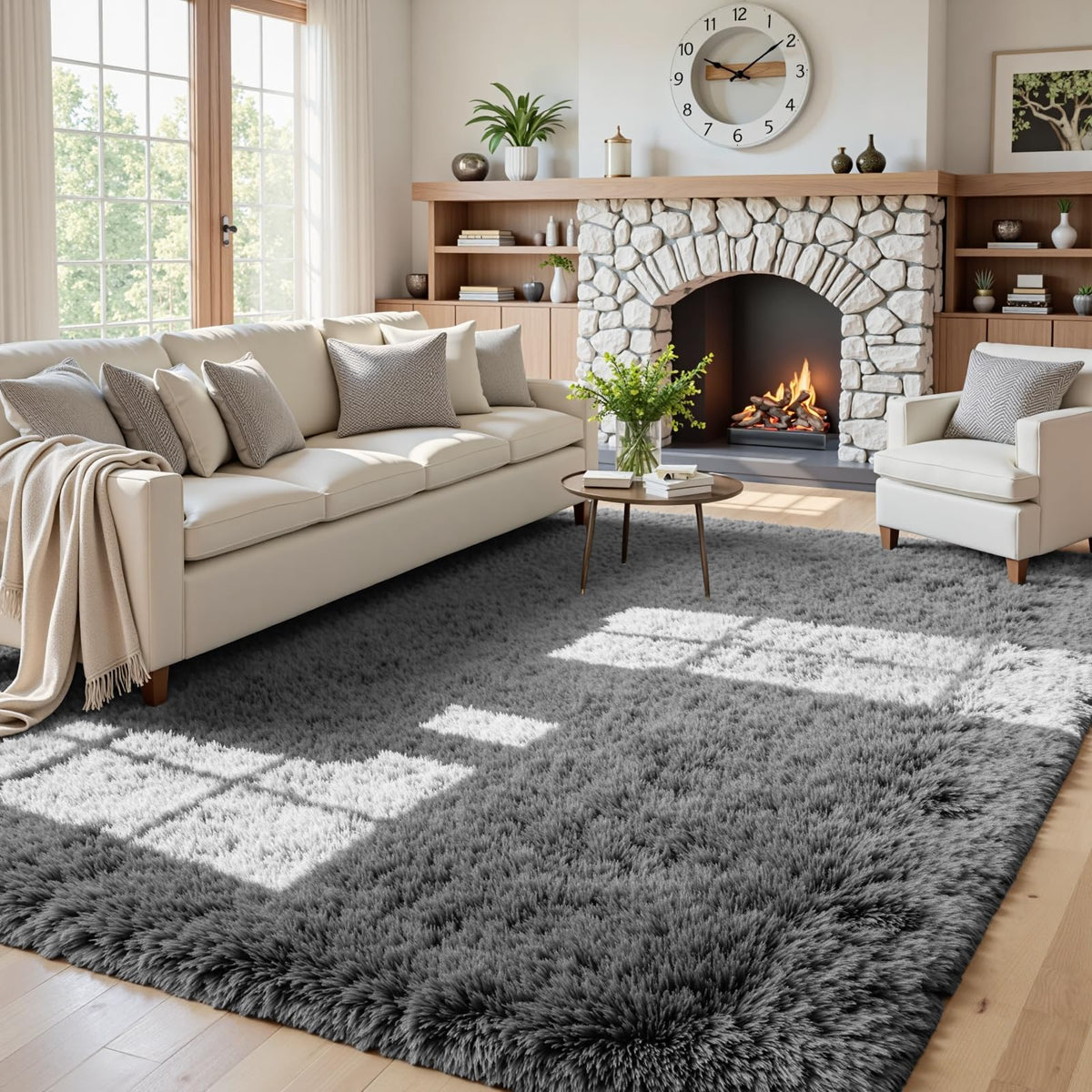 8x10 Fluffy Shag Area Rugs for Living Room Bedroom: Soft Carpet Gray Camel