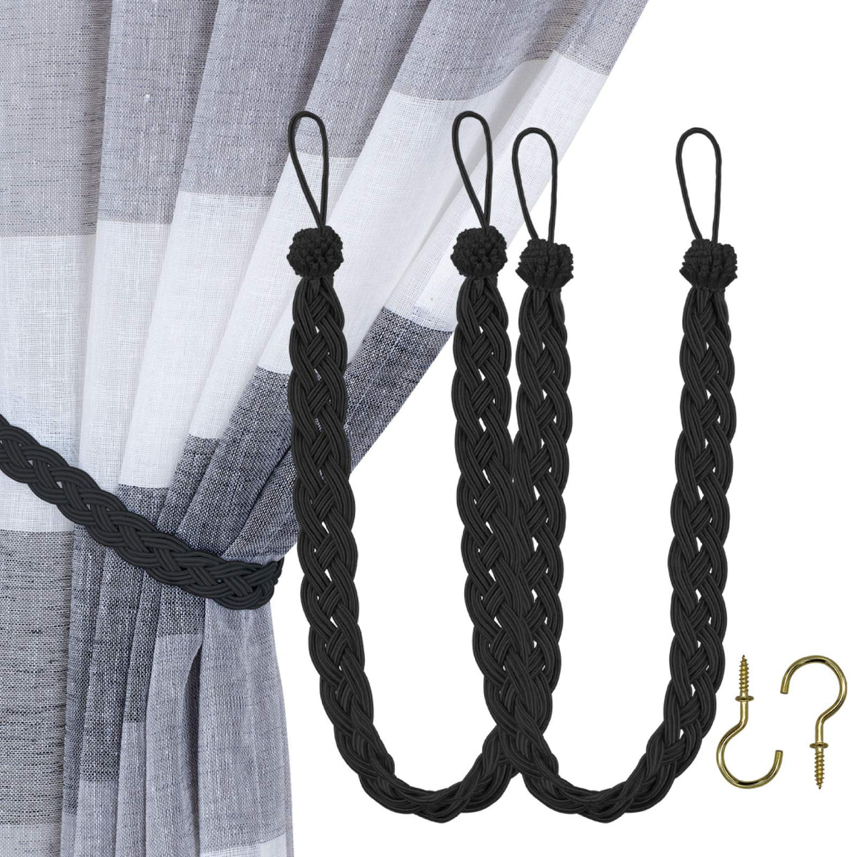 Home Queen Handwoven Rope Curtain Tiebacks for Drapes, 2 Pack Rope Holdbacks with Hooks, 23 Inch Long Polyester and Cotton Braided Tie Backs for Thick and Sheer Curtains,Navy and Silver