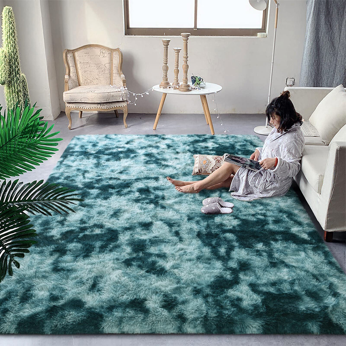 DweIke Fluffy Blue Shag Rugs for Bedroom Living Room, 4x6 Feet Soft Plush Tie-Dyed Light SkyBlue Girls Boys Kids Rug, Upgraded Non-Slip and Machine Washable Carpet for Dorm Nursery Classroom Decor