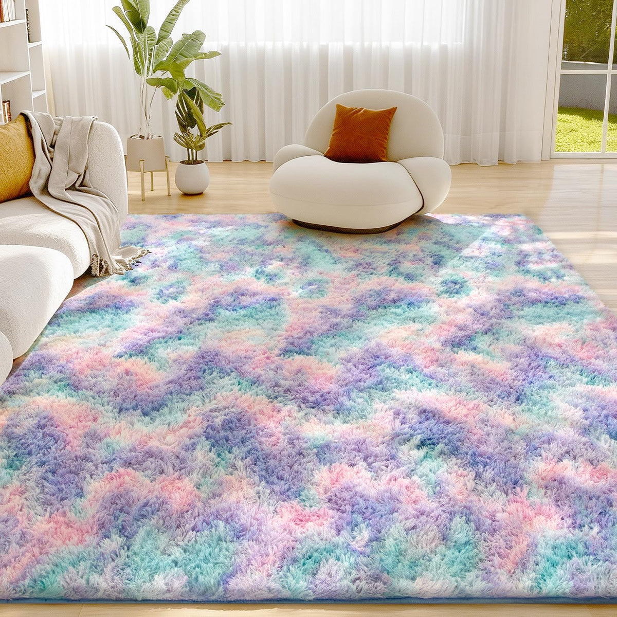 Litanika 5x8 Shag Area Rug for Bedroom, Tie-Dyed Beige Plush Rug