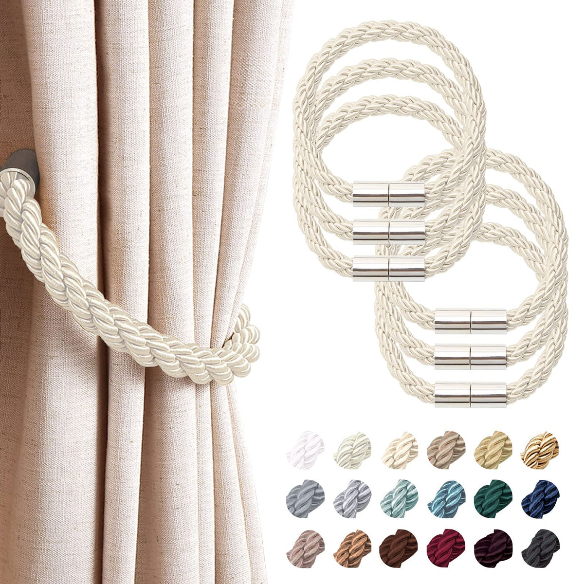 NICEEC 2 Pack Strong Magnetic Curtain Tiebacks Modern Simple Style Drape Tie Backs Convenient Decorative Weave Rope Curtain Holdbacks for Thin or Thick Home & Office Window Draperies (Beige)