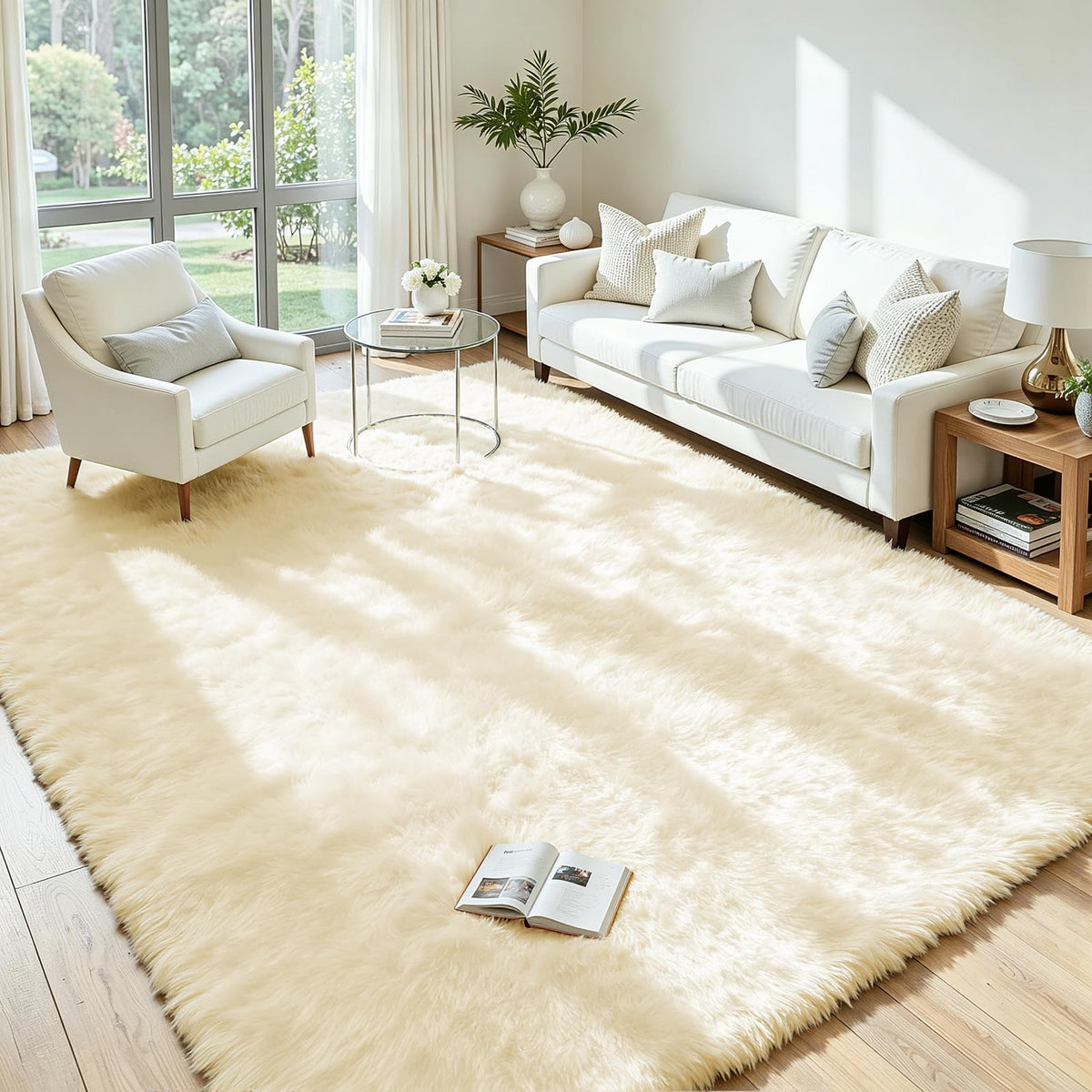 8x10 Fluffy Area Rug for Living Room: Non-Slip Grey Camel Bedroom Carpet