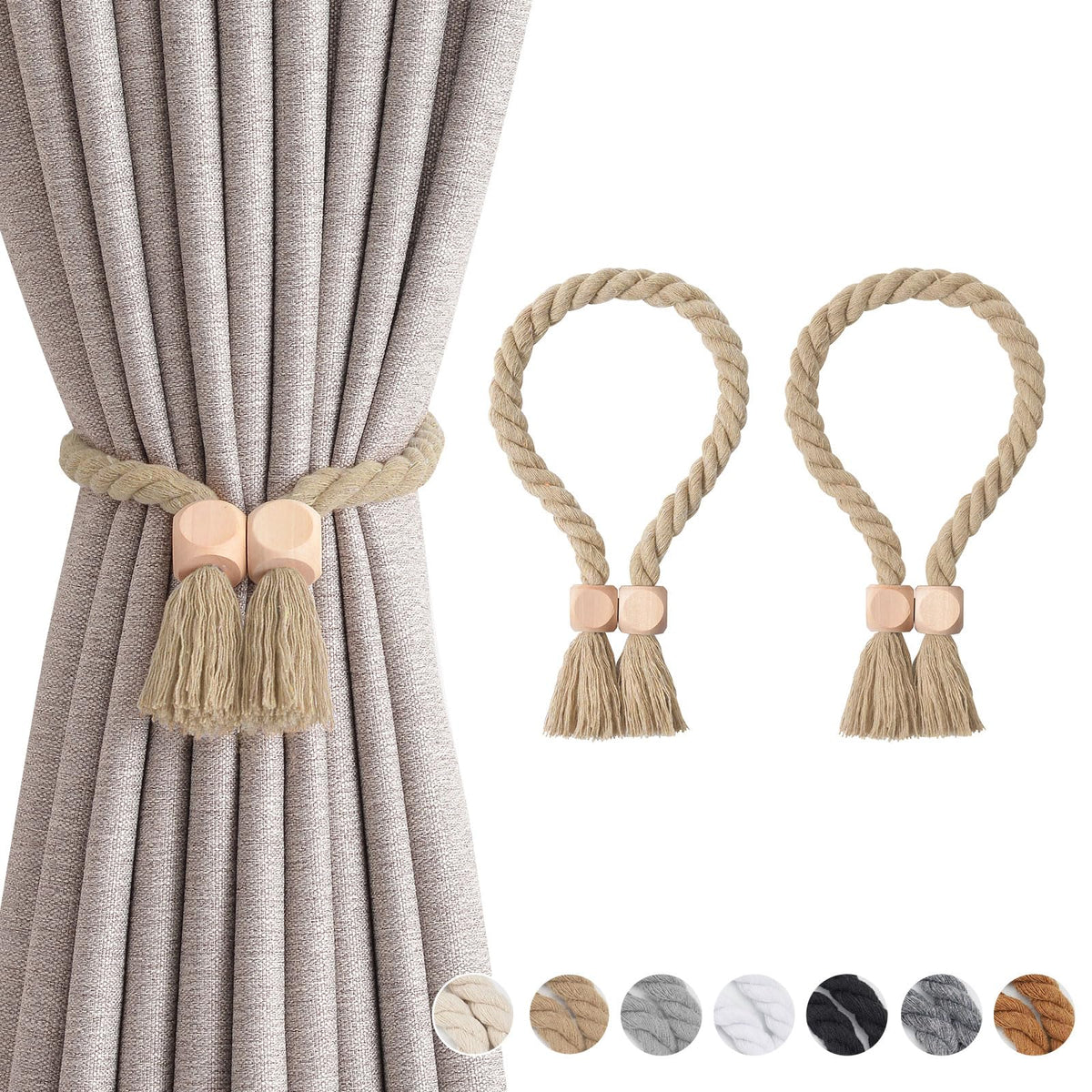 NICEEC 2 Pack Wooden Ball Magnetic Curtain Tiebacks Boho Home Decor Drape Tie Backs Natural Cotton Hand Woven Rope Curtain Holdbacks for Thin & Thick Home & Office Window Draperies (Beige)