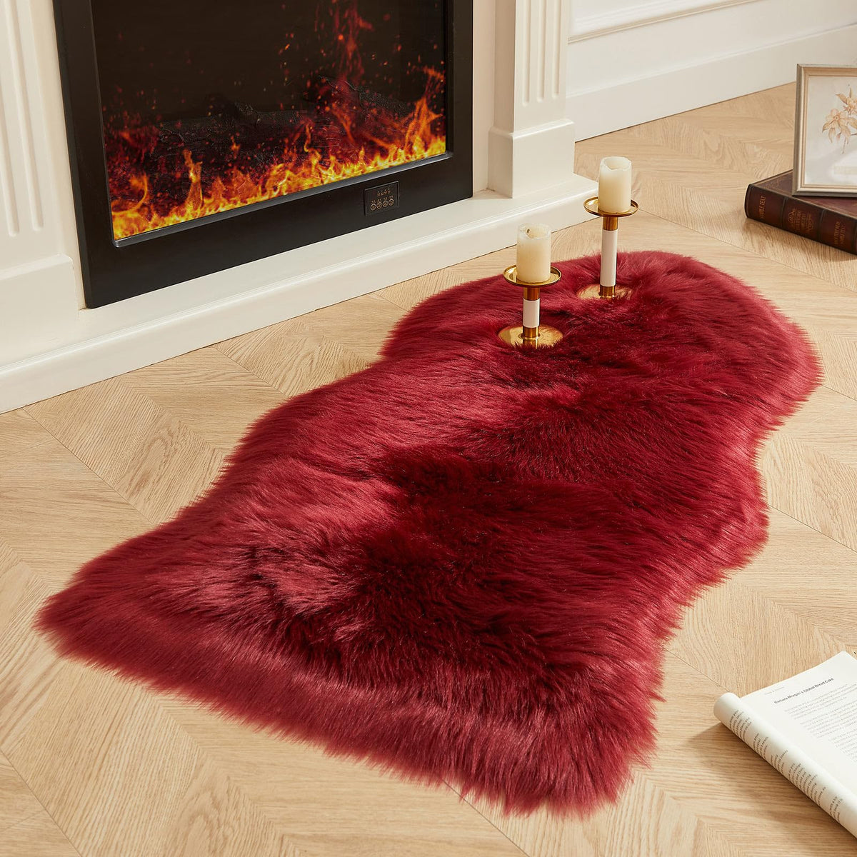AMTOVO Faux Sheepskin Rug, Beige Ultra Soft Fluffy Shag Area Rug, 2 x 6 ft Faux Fur Rug for Bedroom Sofa Throw Cushion Room Decor, Sheepskin