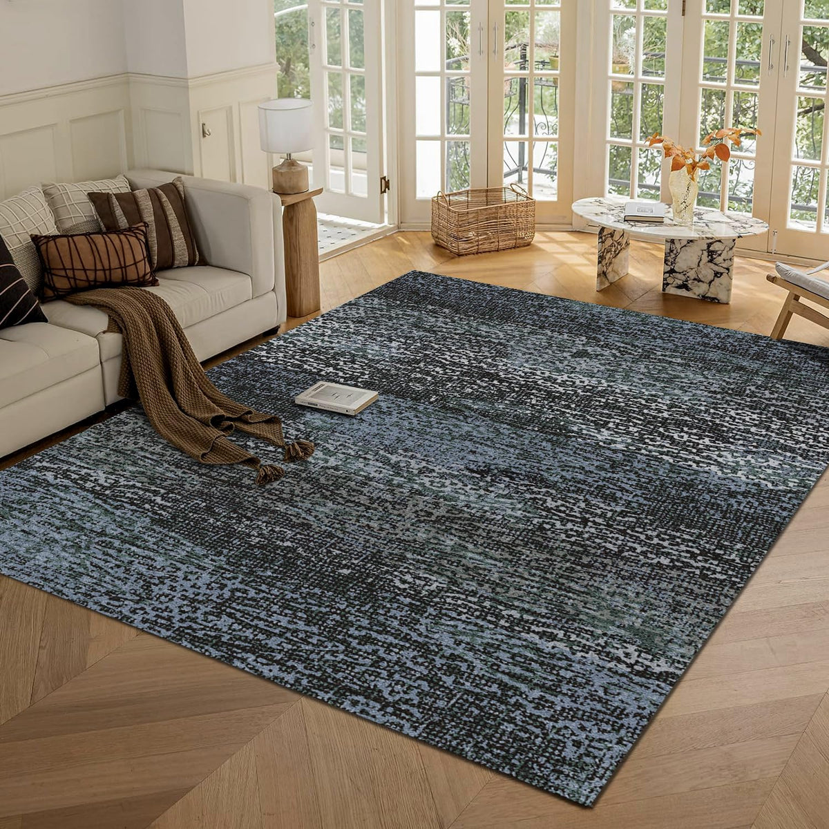 RUGSURE Washable Area Rugs 9' x 12' - 1/6 Thick - Moroccan-Inspired -Stain & Water Resistant Non-Slip - Resistant Rug for Living Room, Bedroom, Nursery, Pet & Child Friendly (Blue and Brown)