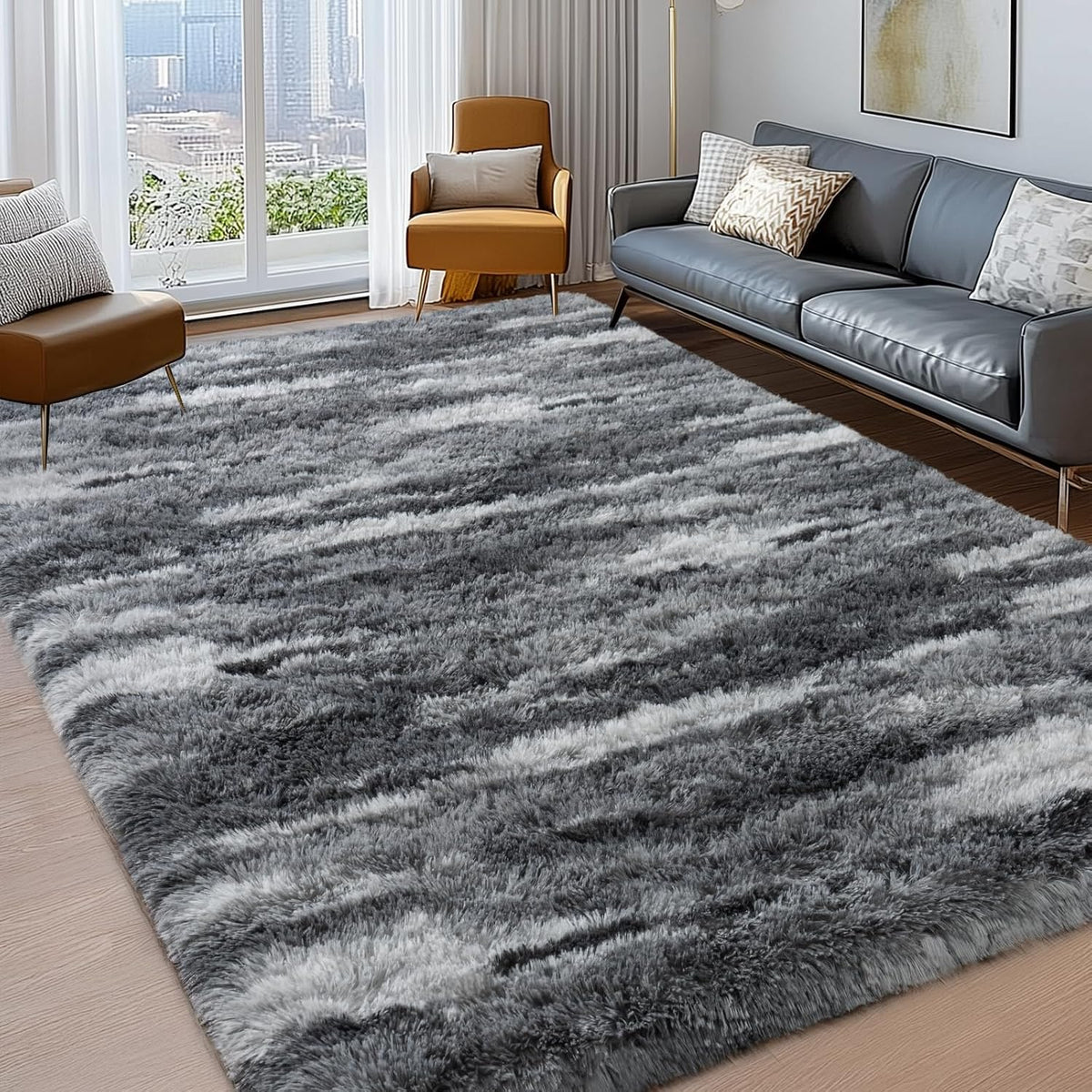 8x10 Large Shag Rugs for Living Room, Washable Abstract Grey