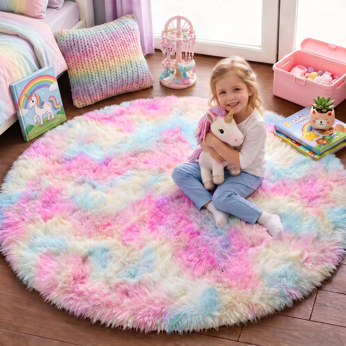 Pink Round Rug for Girls Bedroom 4Ft, Fluffy Shaggy Fuzzy Circle Area Rugs