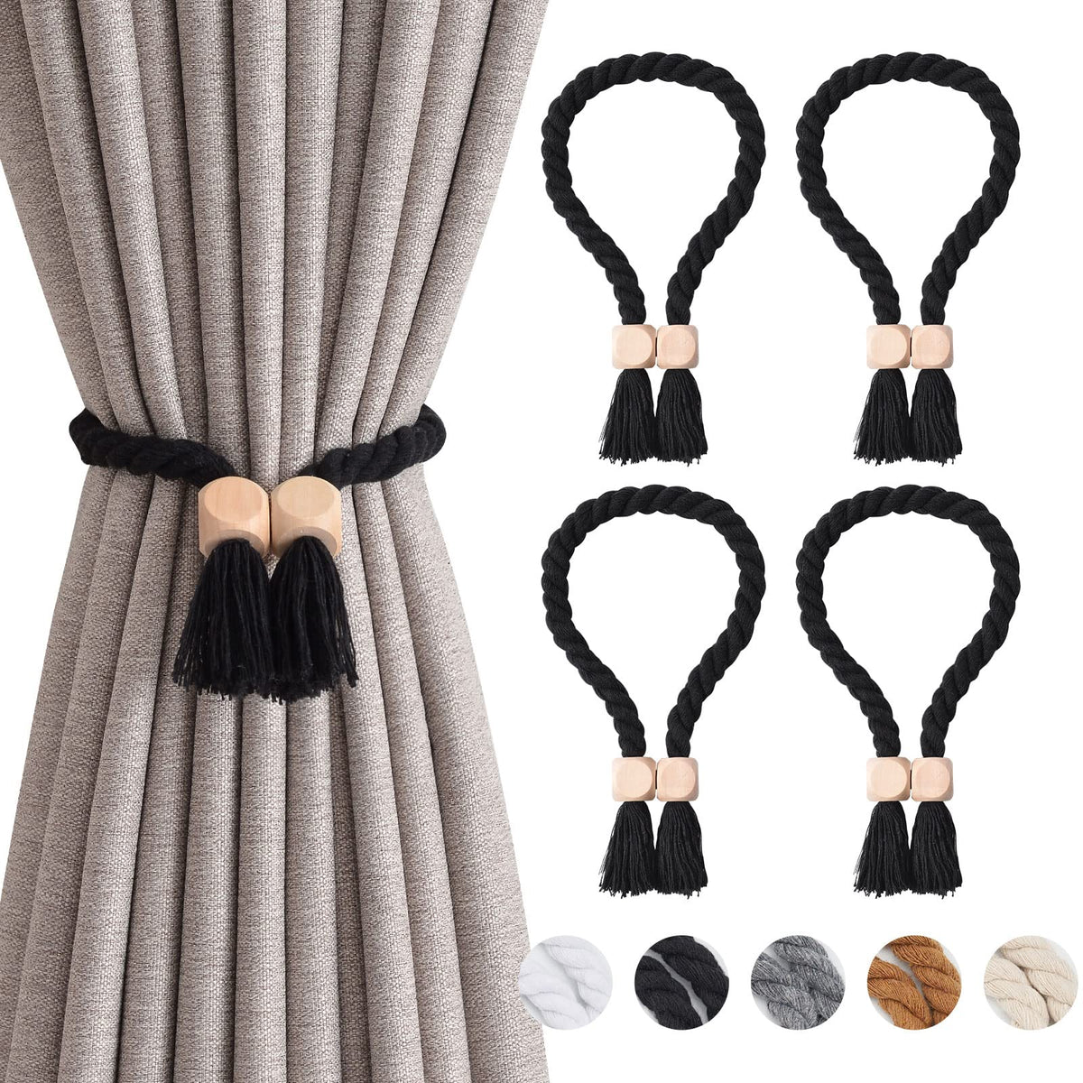NICEEC 2 Pack Wooden Ball Magnetic Curtain Tiebacks Boho Home Decor Drape Tie Backs Natural Cotton Hand Woven Rope Curtain Holdbacks for Thin & Thick Home & Office Window Draperies (Beige)