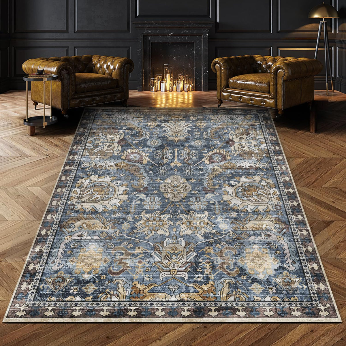 RUGSURE Washable Area Rugs 9' x 12' - 1/6 Thick - Moroccan-Inspired -Stain & Water Resistant Non-Slip - Resistant Rug for Living Room, Bedroom, Nursery, Pet & Child Friendly (Blue and Brown)
