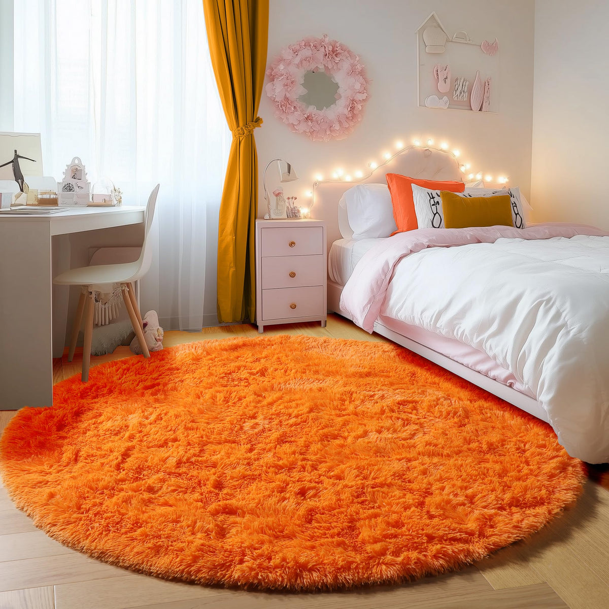 Light Pink Fluffy Round Rug Circle Area Rugs 4ft for Girls Kids Bedroom