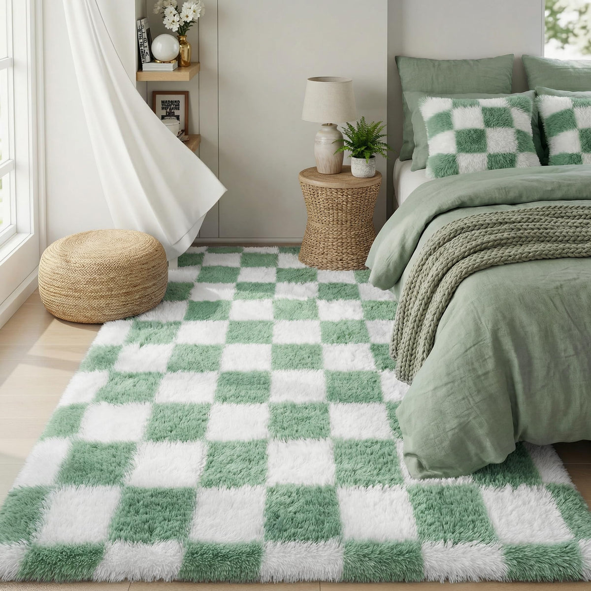 KICMOR Area Rugs 8x10 for Living Room, Large Fluffy Beige and Cream White Checkered Rug Big Fuzzy Shag Shaggy Carpets for Bedroom, Soft Plush Furry Rug for Boy Girls Room Dorm Home Decor Aesthetic