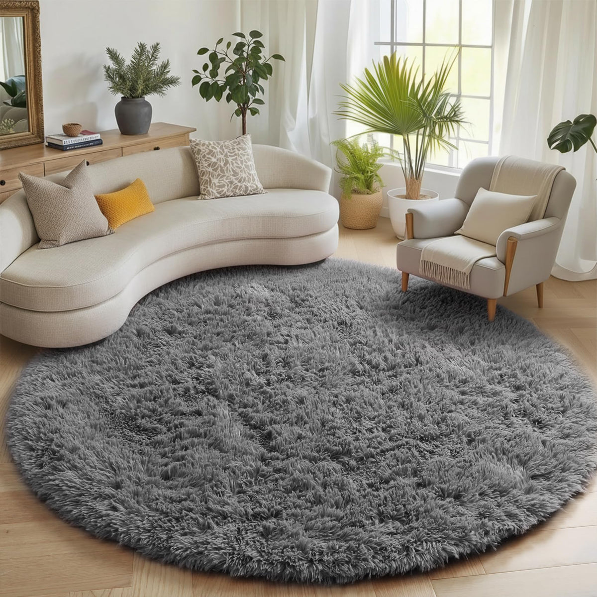 Area Rugs for Living Room Bedroom, 5x8 Fluffy Tie-Dyed Light Grey Shag Rug