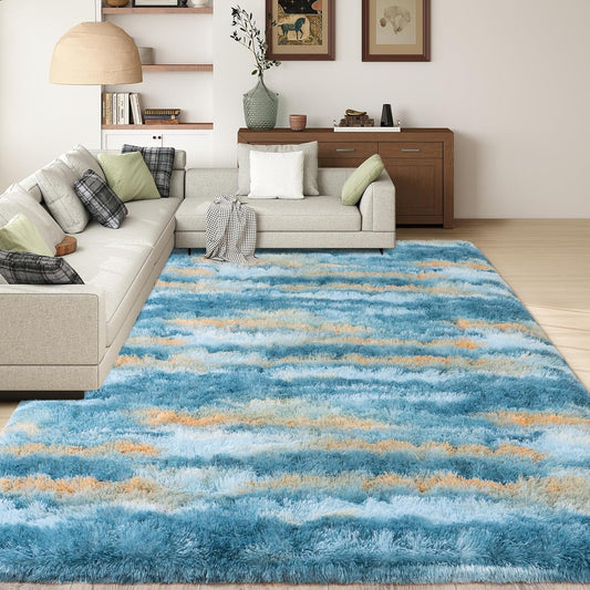 9x12 Large Shag Rugs for Living Room, Washable Abstract Blue Yellow