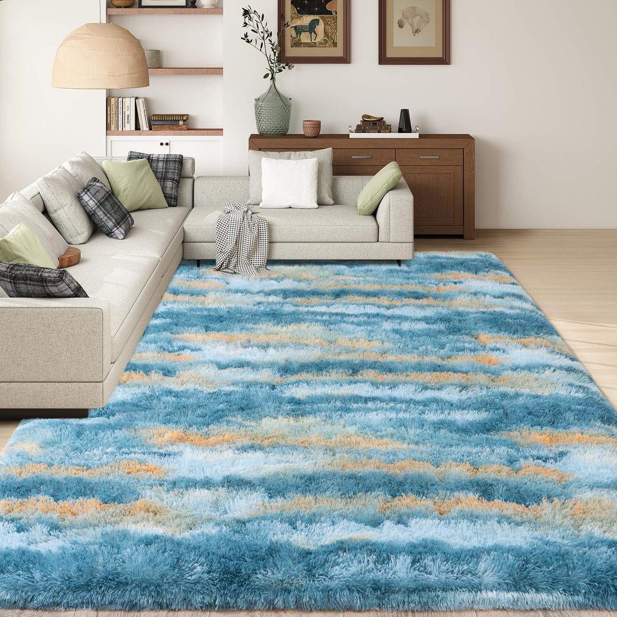 9x12 Large Shag Rugs for Living Room, Washable Abstract Blue Yellow