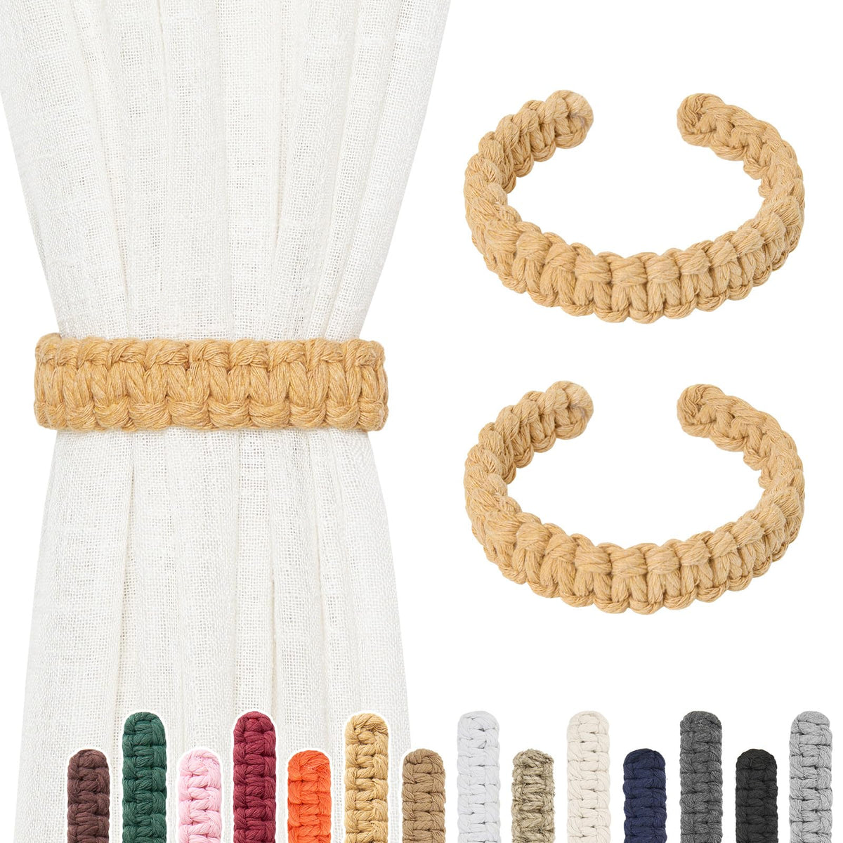 NICEEC 2 Pack Natural Cotton Rope Curtain Tiebacks Farmhouse Rustic Style Decorative Drape Tie Backs Handmade Braided Curtain Holdbacks for Home & Office Sheer/Light Weight Drapery (C-White-S)