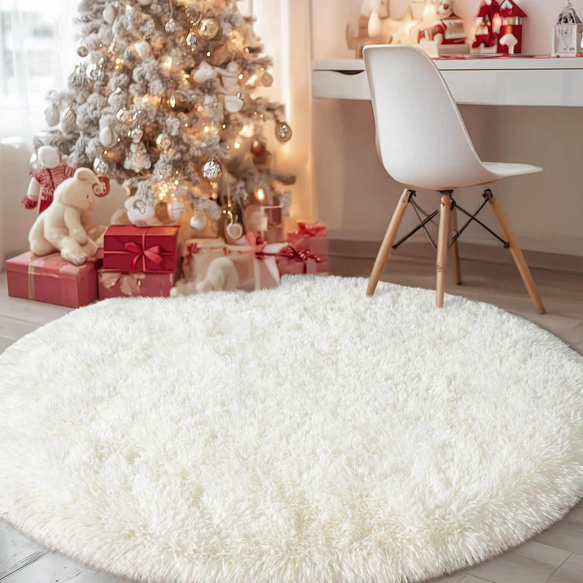 4Ft Fluffy Pink Round Rug for Girls Bedroom Kids Room, Washable Non-Slip