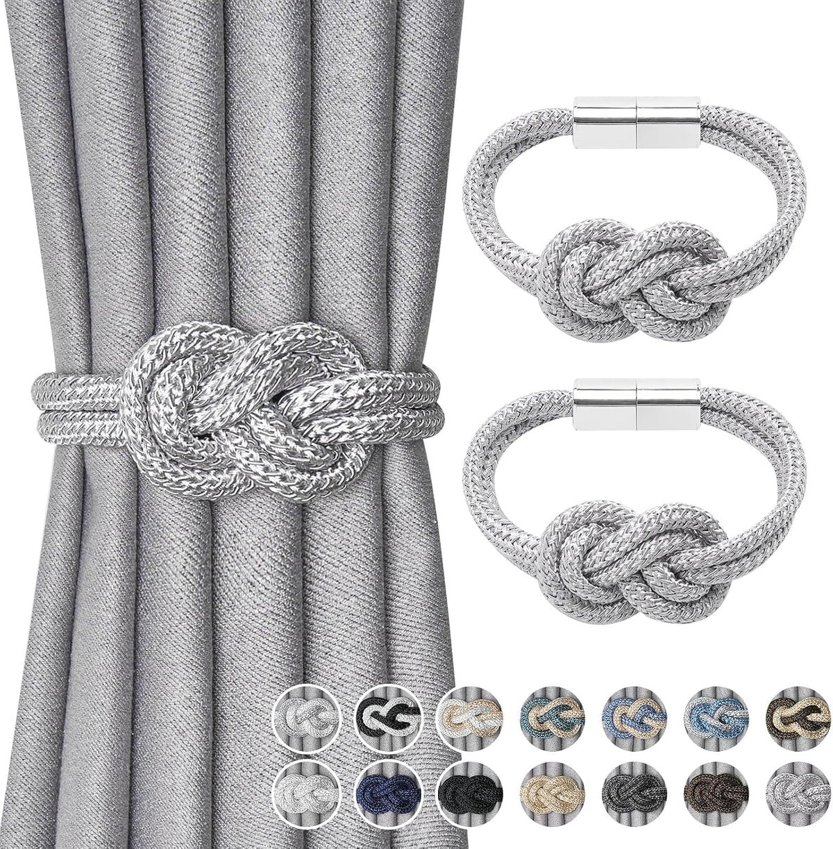 NICEEC 2 Pack Mini Magnetic Curtain Tiebacks Nordic Simple Style Drape Tie Backs Elegant Hand Weave Rope Knot Decorative Curtain Holdbacks for Home & Office Thin Window Drapery (Silver Grey)