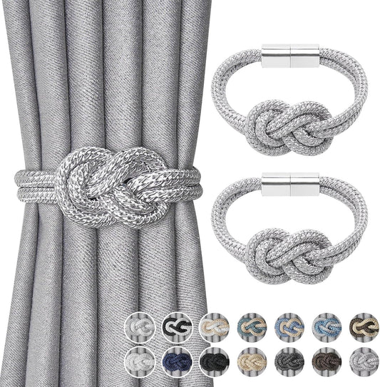 NICEEC 2 Pack Mini Magnetic Curtain Tiebacks Nordic Simple Style Drape Tie Backs Elegant Hand Weave Rope Knot Decorative Curtain Holdbacks for Home & Office Thin Window Drapery (Silver Grey)
