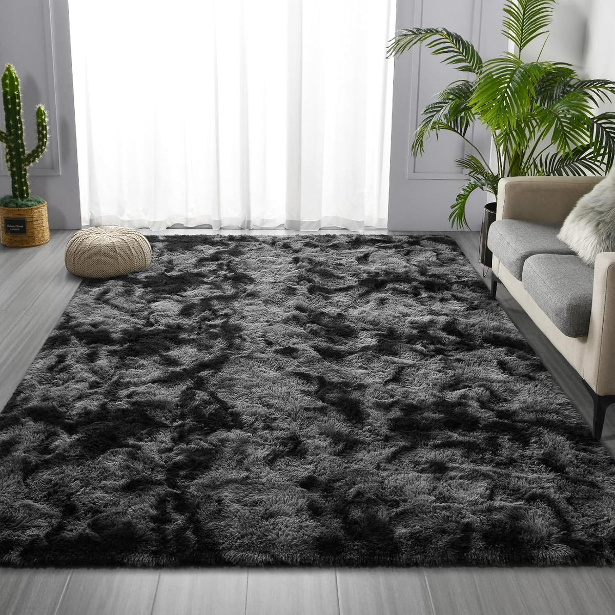 Deerhoo Large Shag Area Rugs 6 x 9, Tie-Dyed Plush Fuzzy Rugs, Dark Grey