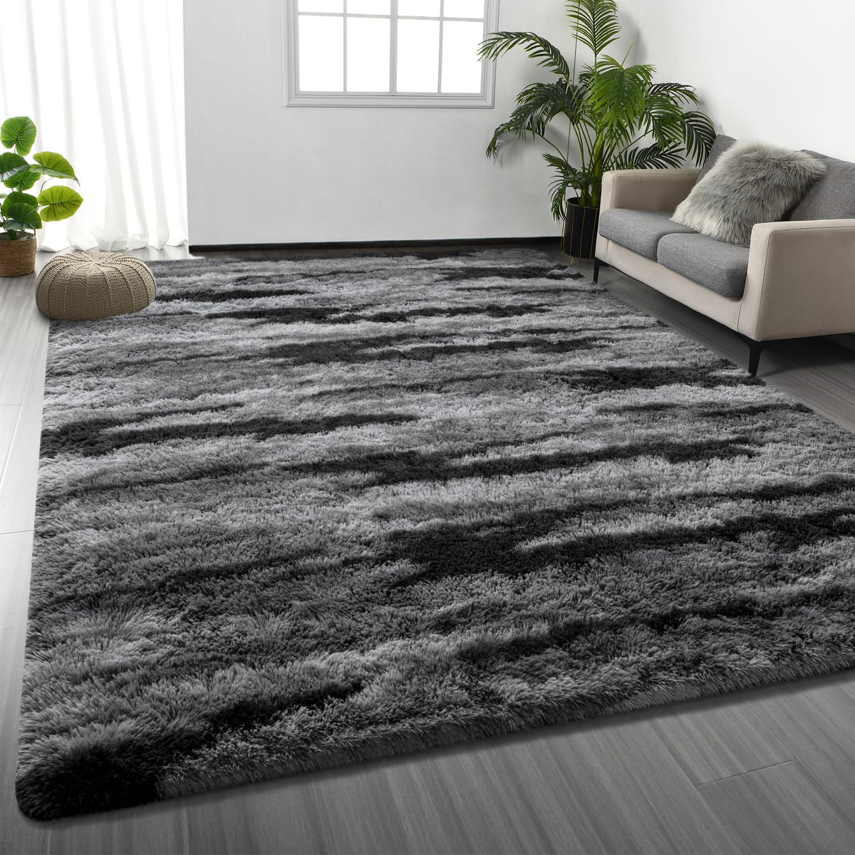 Deerhoo Large Shag Area Rugs 6 x 9, Tie-Dyed Plush Fuzzy Rugs, Dark Grey