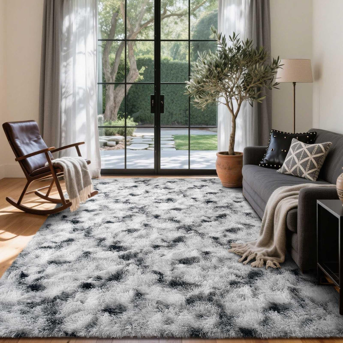 8x10 Ft Extra Large Shag Rugs for Living Room, Tie Dyed Ultra Soft Fluffy Furry Area Rugs for Bedroom Indoor Floor, Aesthetic Carpet for Kids Home Decor (Dark Grey)