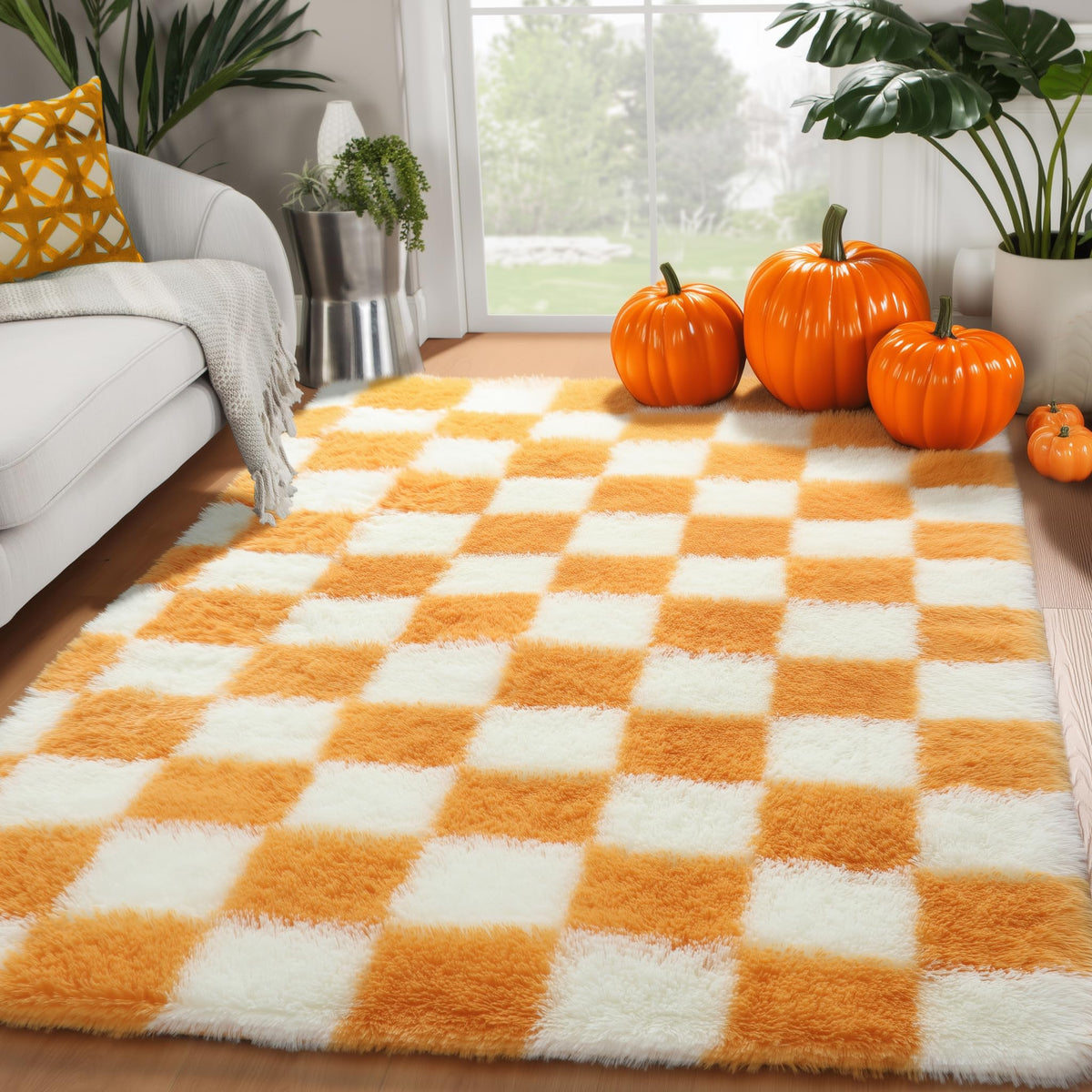 KICMOR Area Rugs 8x10 for Living Room, Large Fluffy Beige and Cream White Checkered Rug Big Fuzzy Shag Shaggy Carpets for Bedroom, Soft Plush Furry Rug for Boy Girls Room Dorm Home Decor Aesthetic